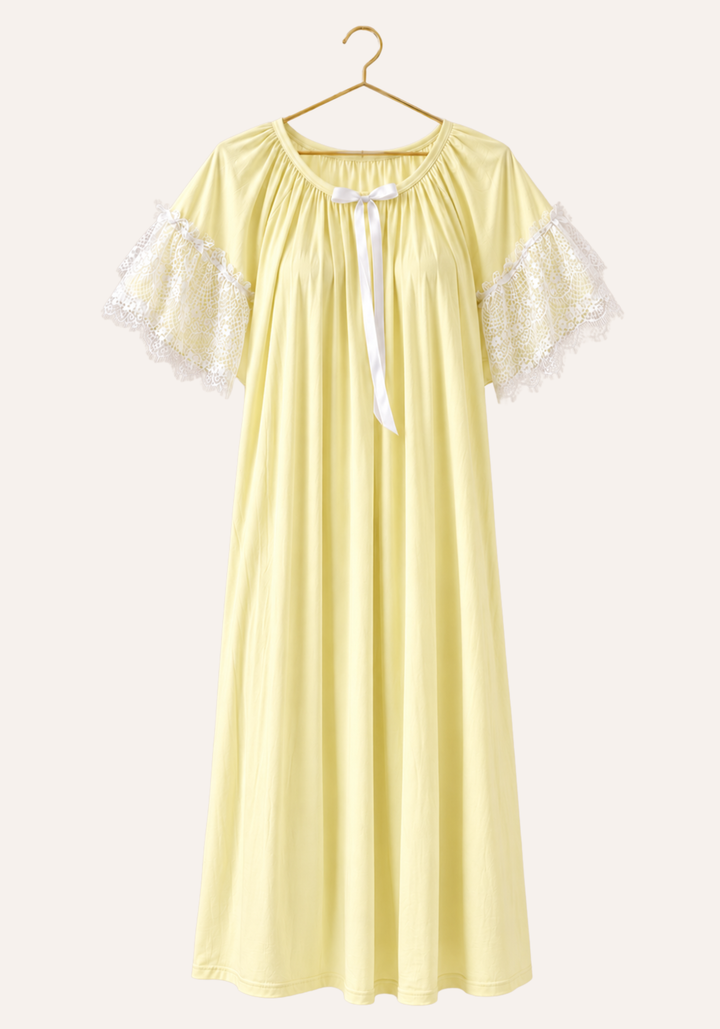 Short Sleeve Plain Midi-Length Nightgown With Eyelash-Lace Trim On The Sleeves