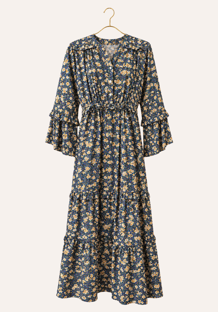 Fine Textured Printed Dress With Flared Sleeves