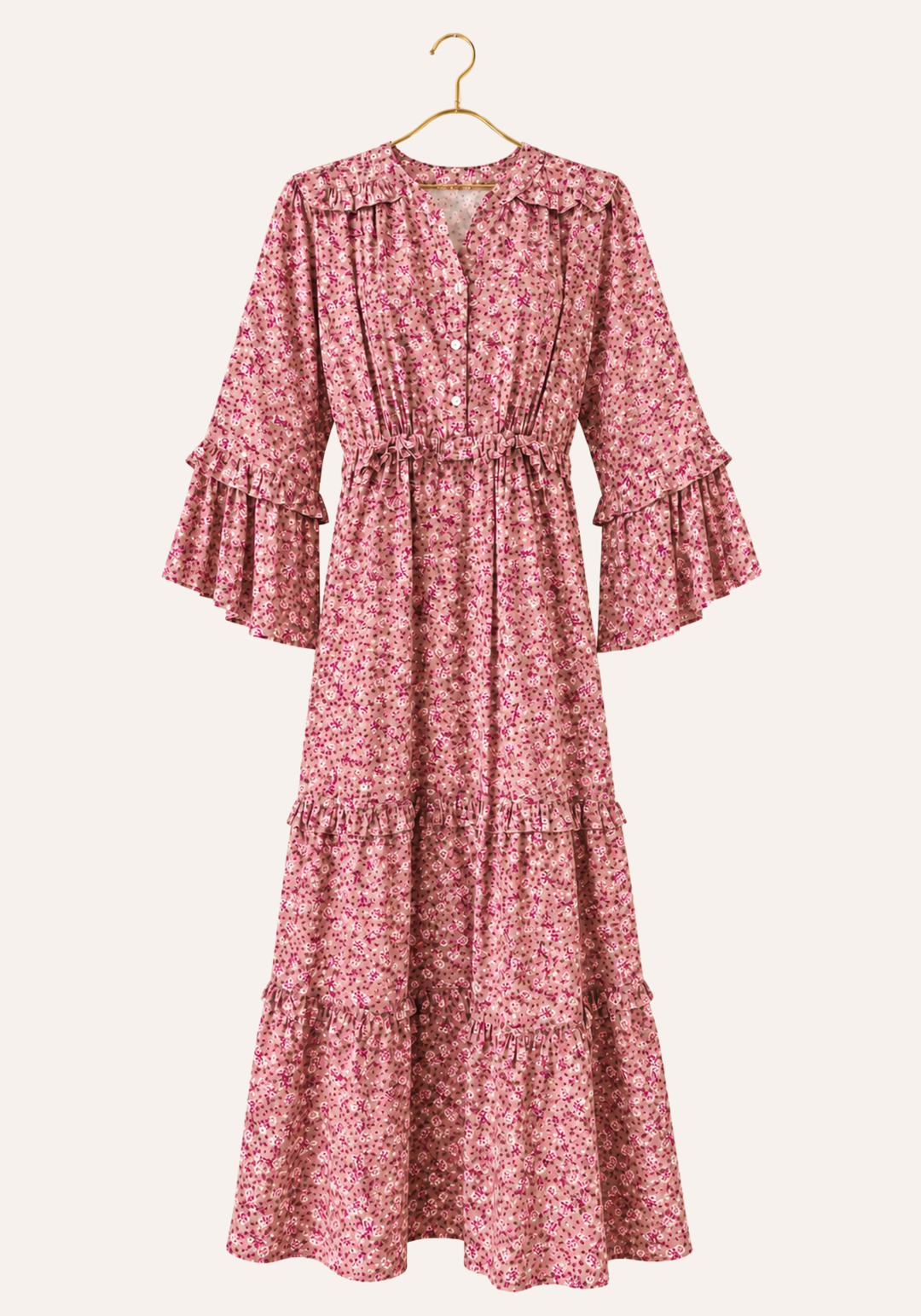 Fine Textured Printed Dress With Flared Sleeves