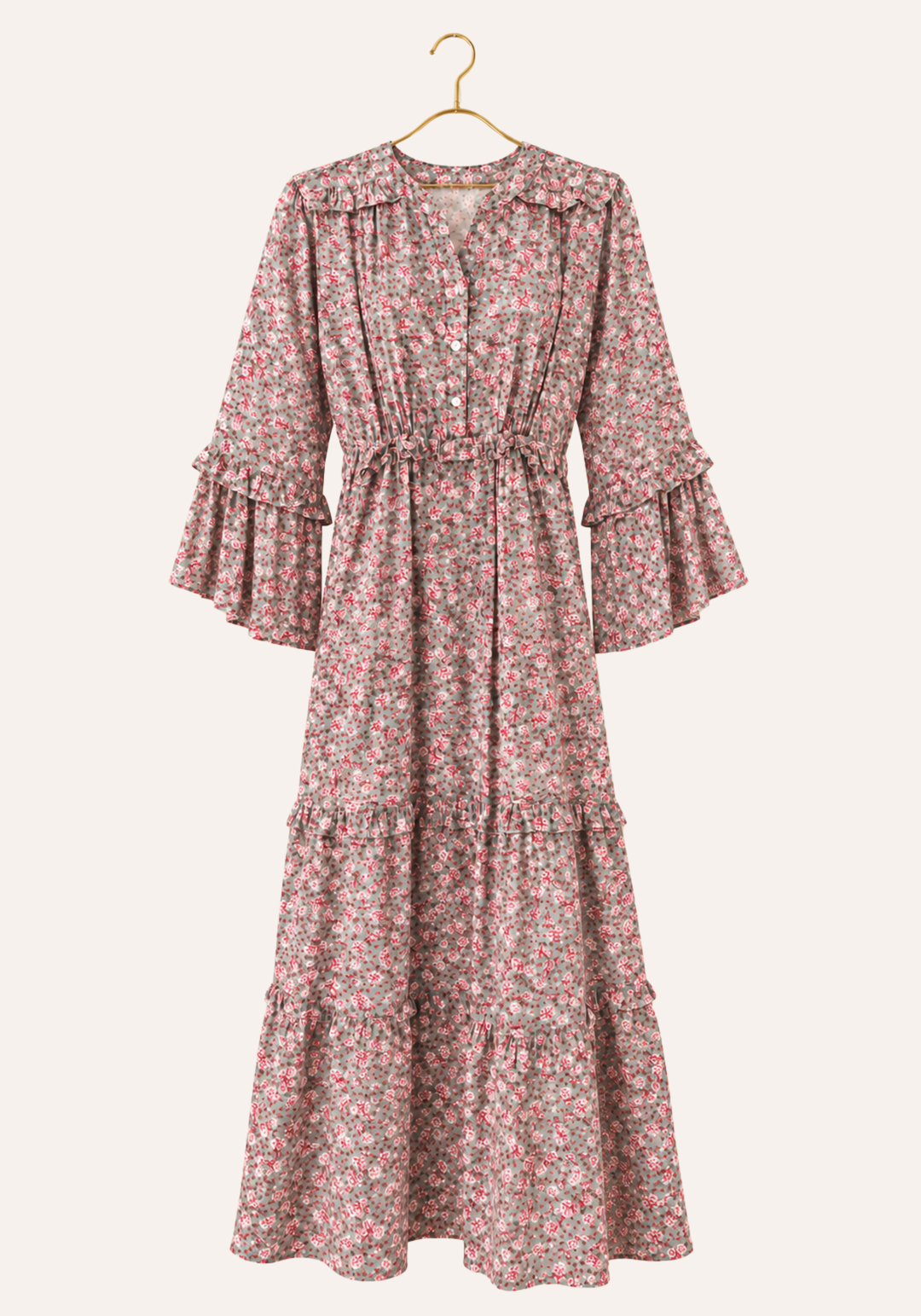 Fine Textured Printed Dress With Flared Sleeves