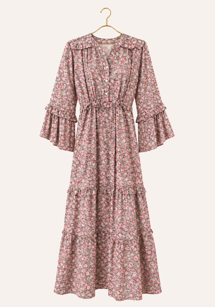 Fine Textured Printed Dress With Flared Sleeves