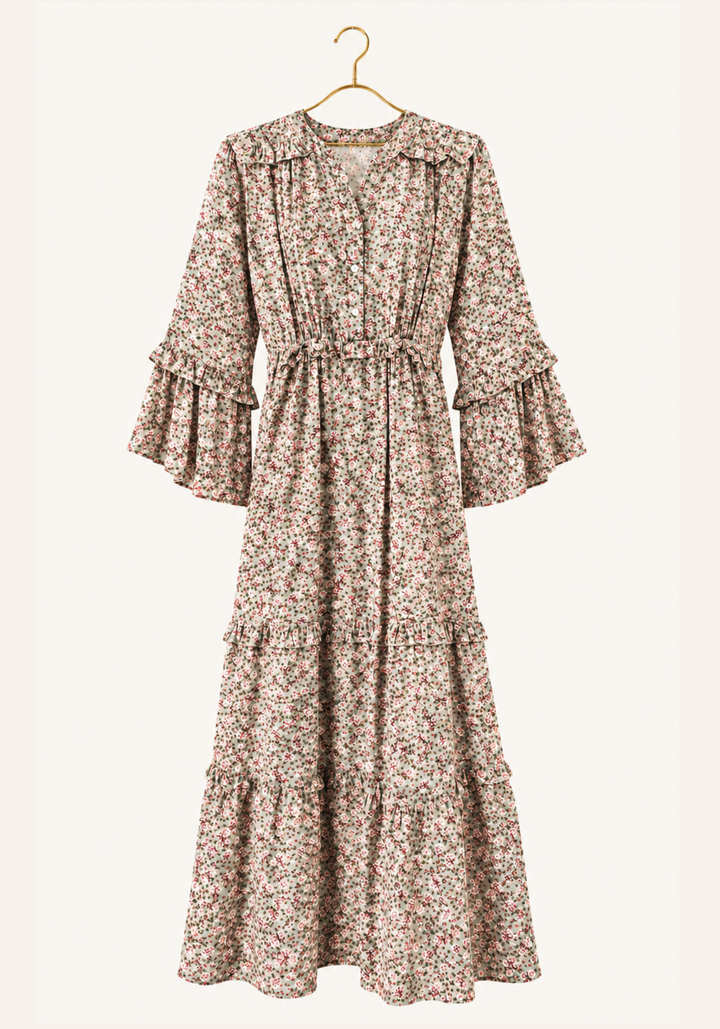 Fine Textured Printed Dress With Flared Sleeves