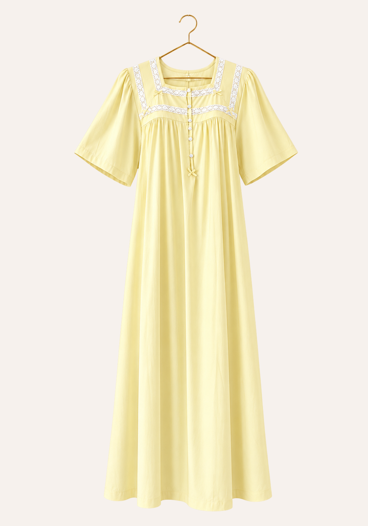 Plain Short Sleeve Nightgown With Button-Placket Collar