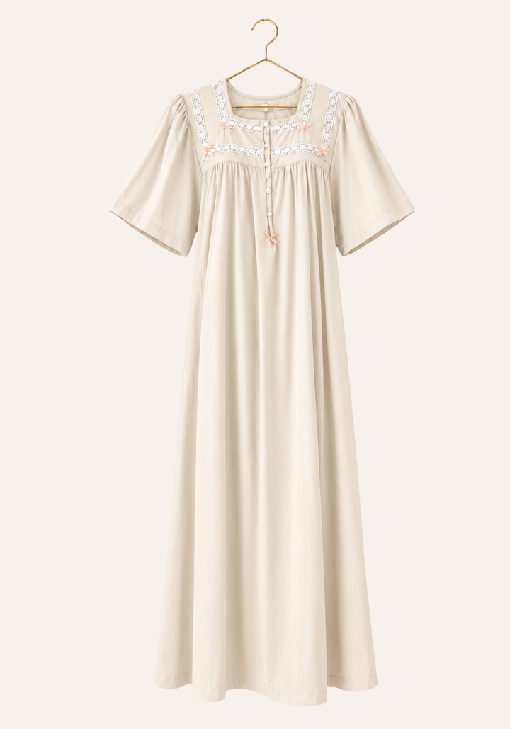 Plain Short Sleeve Nightgown With Button-Placket Collar