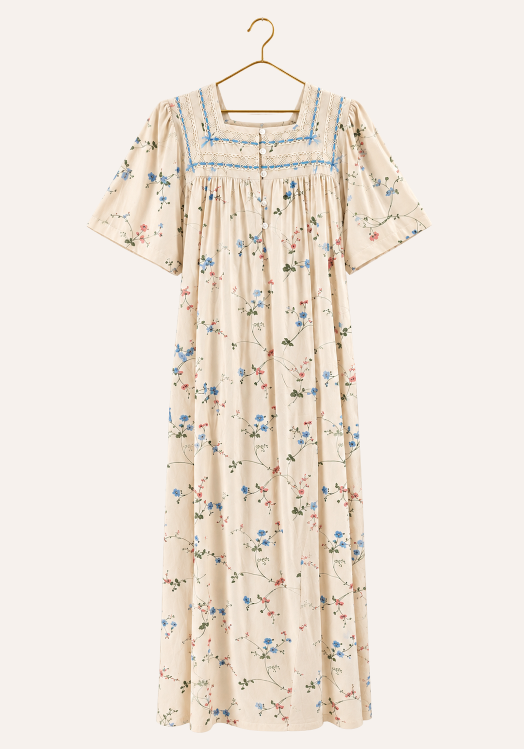 Floral Print Short Sleeve Textured Nightgown With Button-Placket Collar Embossed Detail