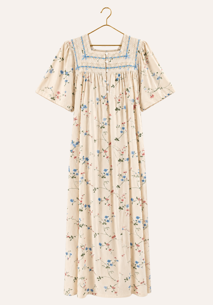 Floral Print Short Sleeve Textured Nightgown With Button-Placket Collar Embossed Detail