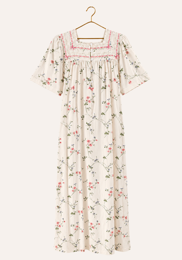 Floral Print Short Sleeve Textured Nightgown With Button-Placket Collar Embossed Detail