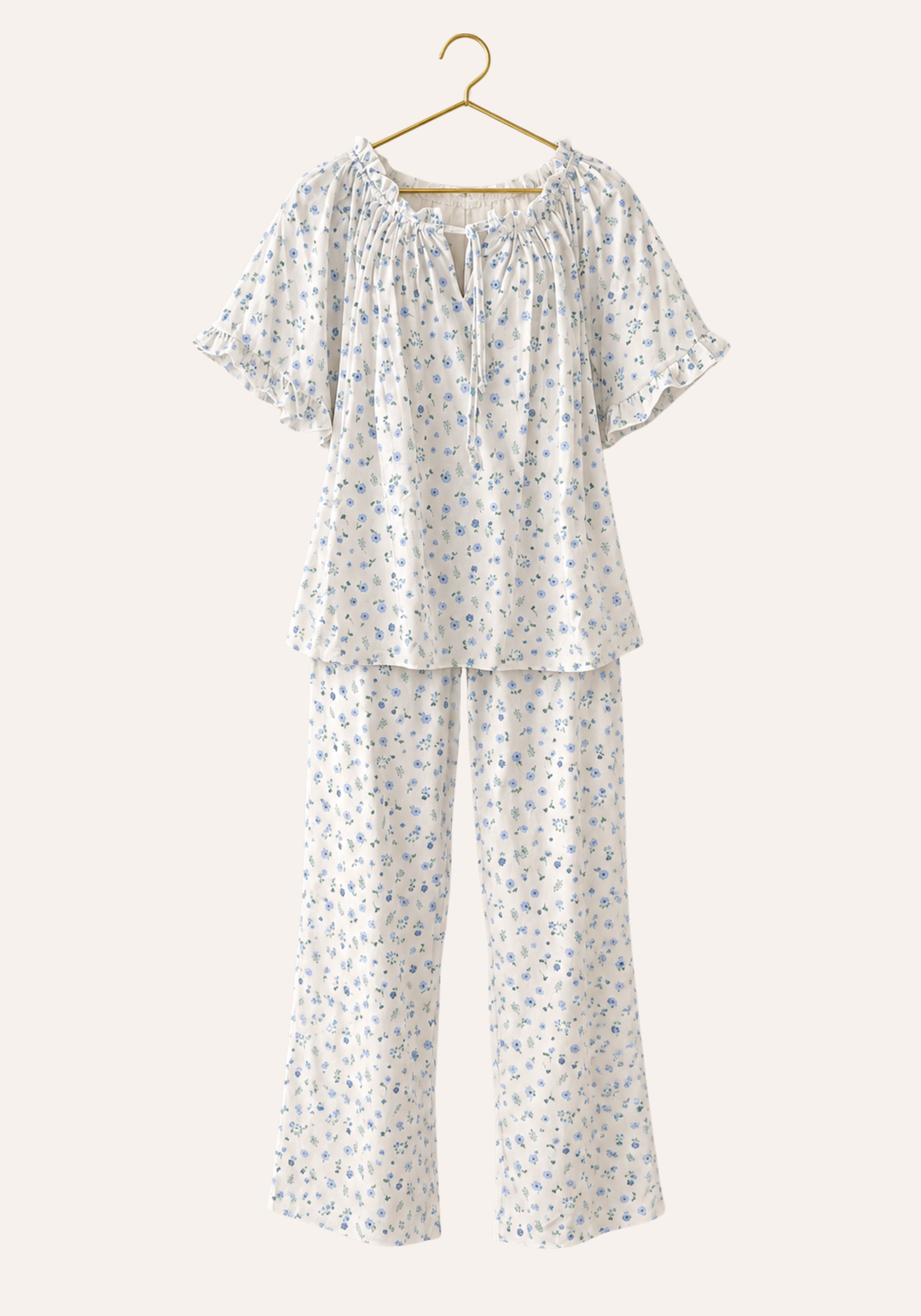 Short Sleeve Floral Print Pajamas With Ruffled Round Collar And Sleeve Edges