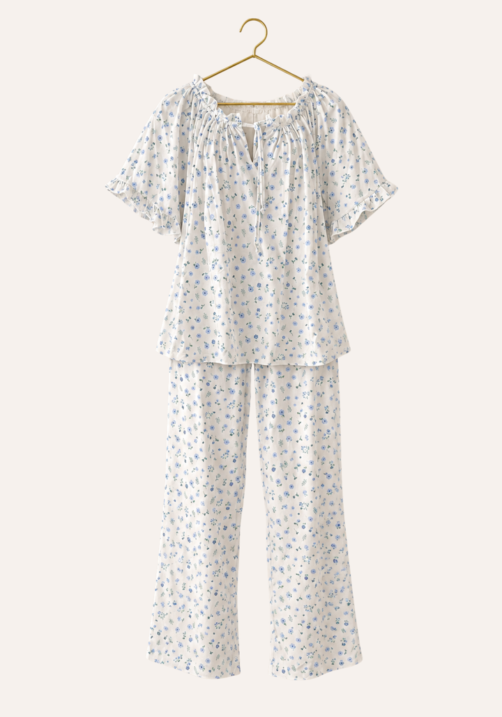 Short Sleeve Floral Print Pajamas With Ruffled Round Collar And Sleeve Edges