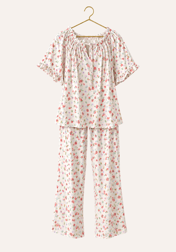 Short Sleeve Floral Print Pajamas With Ruffled Round Collar And Sleeve Edges