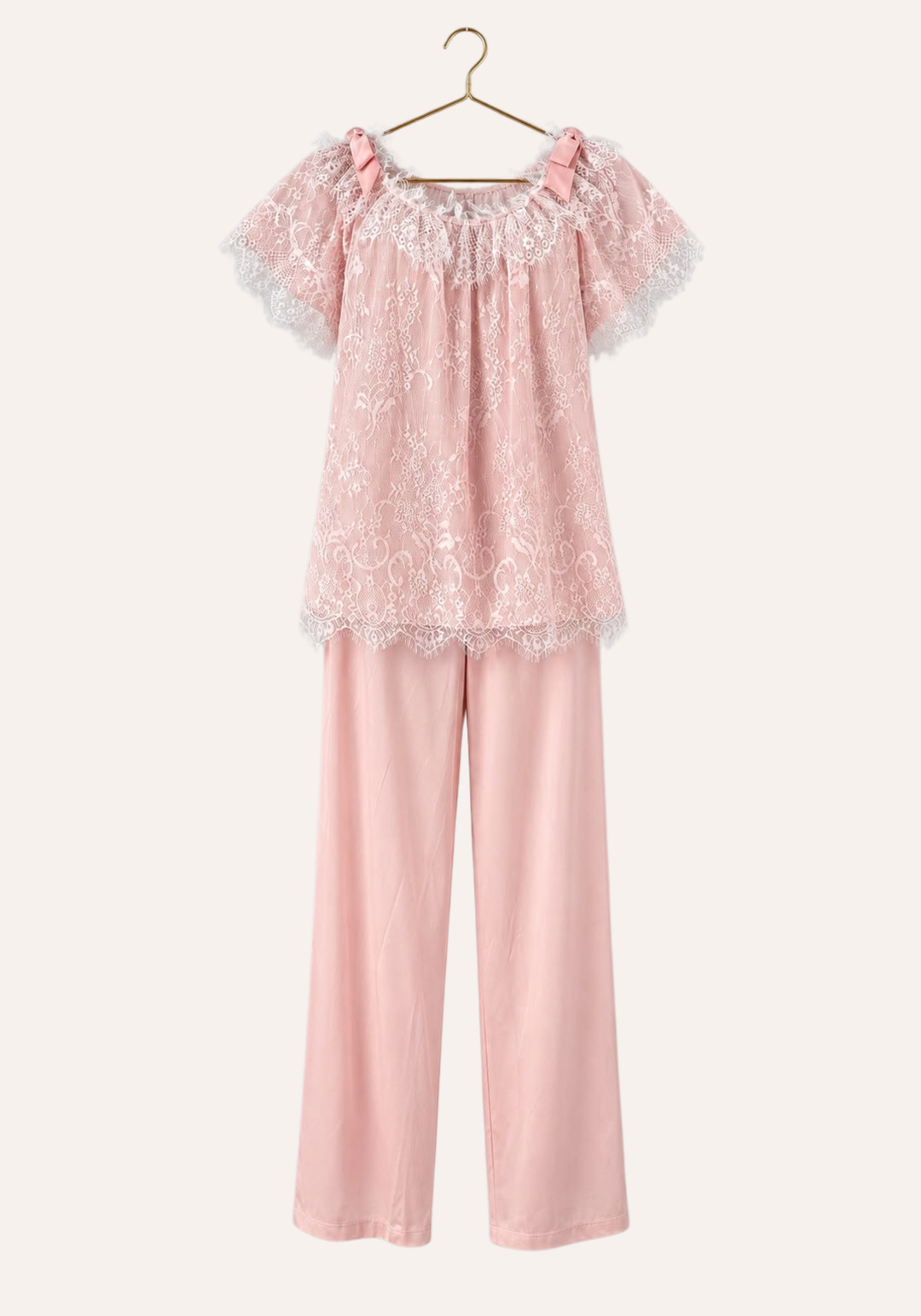 Short Sleeve Satin Top With Full Eyelash-Lace Trim Layer Over It, And Plain Satin Pants