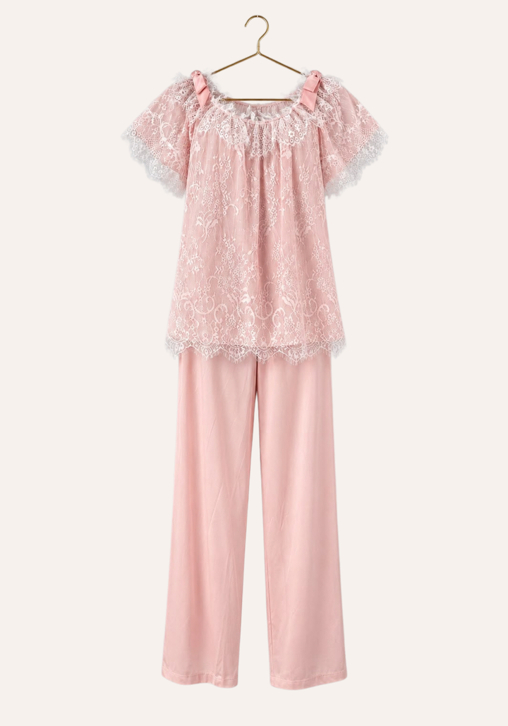 Short Sleeve Satin Top With Full Eyelash-Lace Trim Layer Over It, And Plain Satin Pants