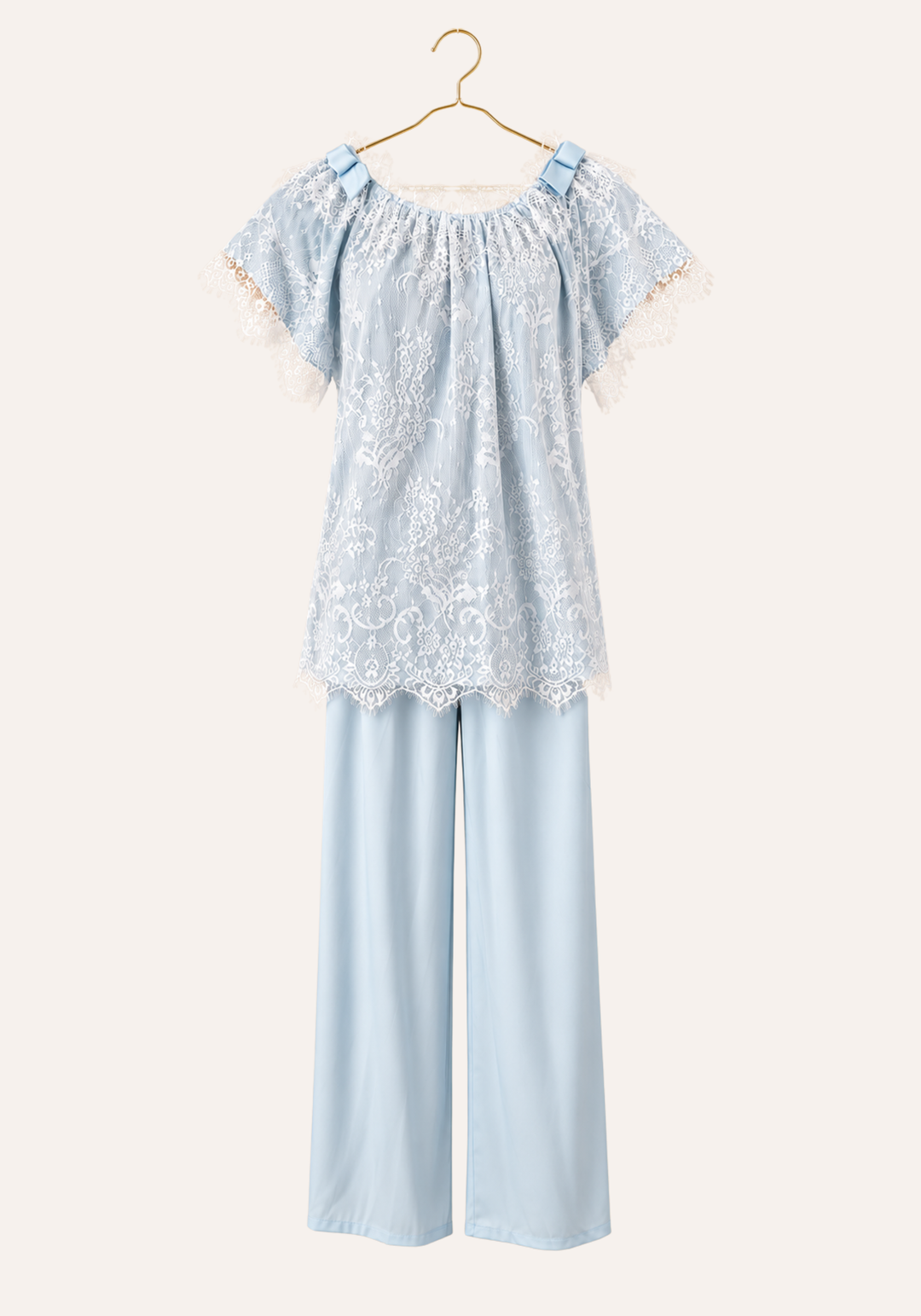 Short Sleeve Satin Top With Full Eyelash-Lace Trim Layer Over It, And Plain Satin Pants