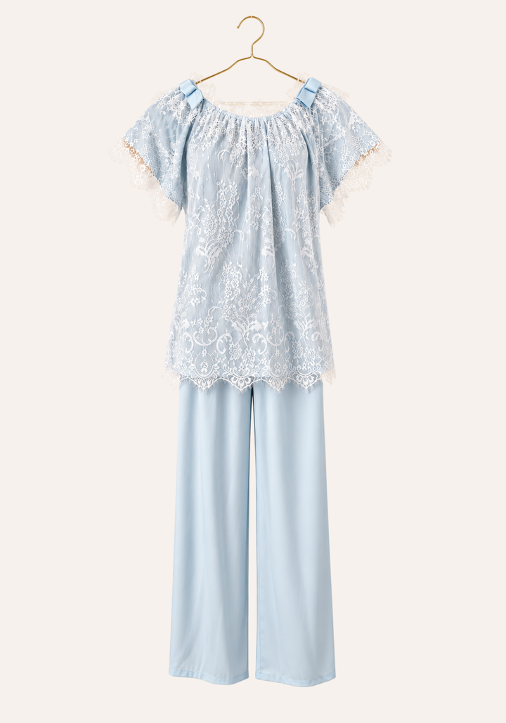 Short Sleeve Satin Top With Full Eyelash-Lace Trim Layer Over It, And Plain Satin Pants
