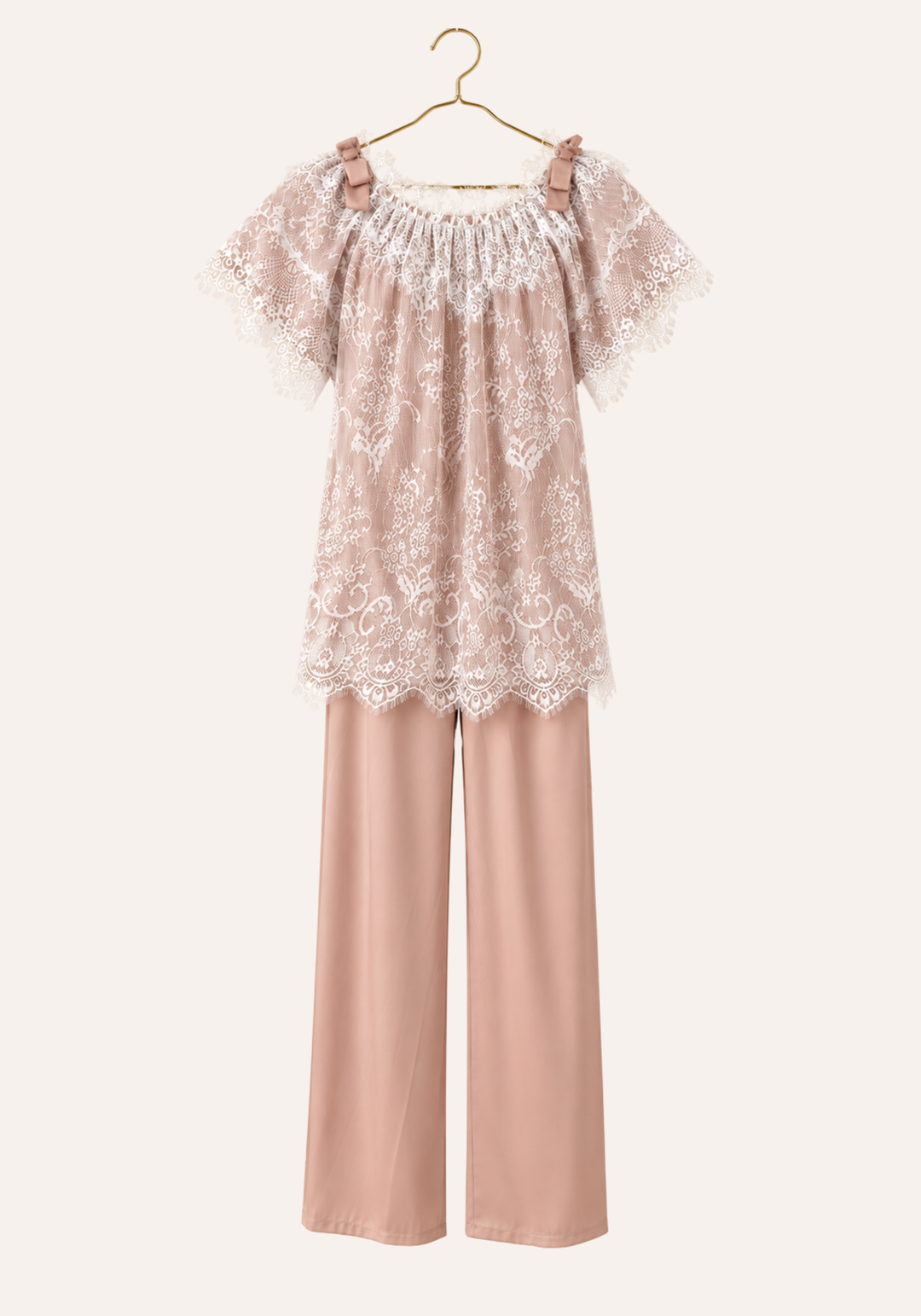 Short Sleeve Satin Top With Full Eyelash-Lace Trim Layer Over It, And Plain Satin Pants