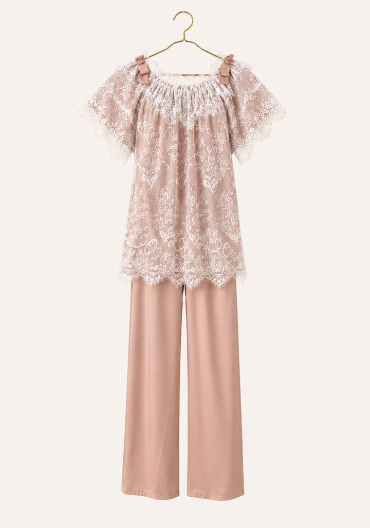 Short Sleeve Satin Top With Full Eyelash-Lace Trim Layer Over It, And Plain Satin Pants