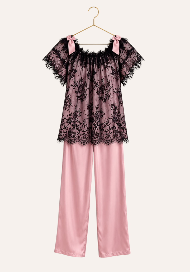 Short Sleeve Satin Top With Full Eyelash-Lace Trim Layer Over It, And Plain Satin Pants