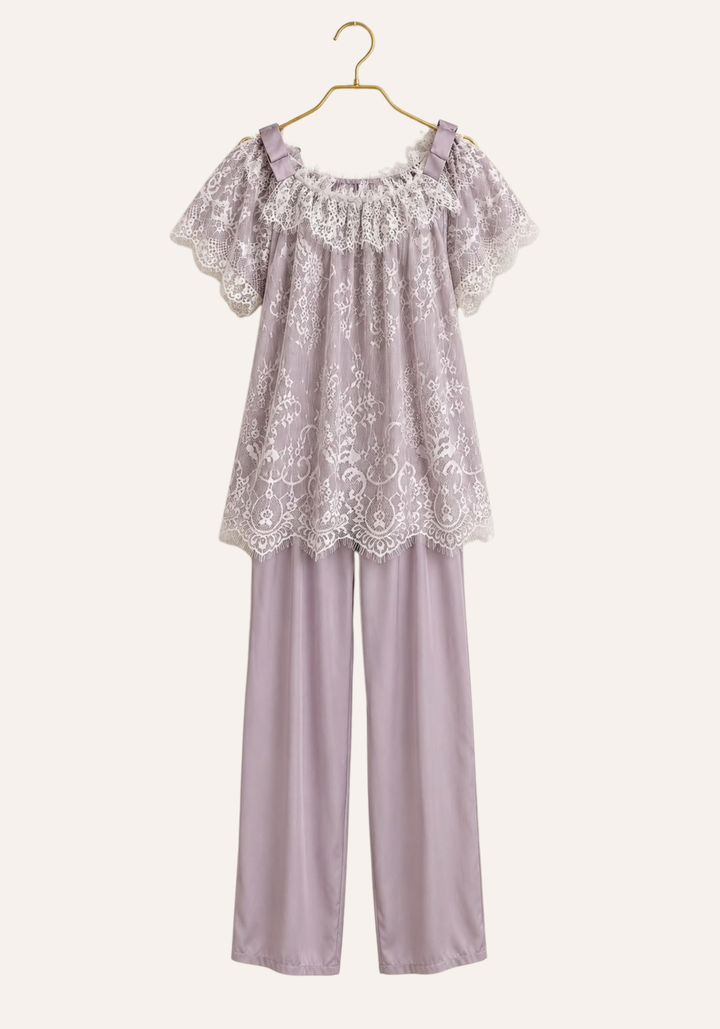 Short Sleeve Satin Top With Full Eyelash-Lace Trim Layer Over It, And Plain Satin Pants