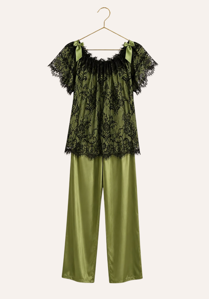Short Sleeve Satin Top With Full Eyelash-Lace Trim Layer Over It, And Plain Satin Pants