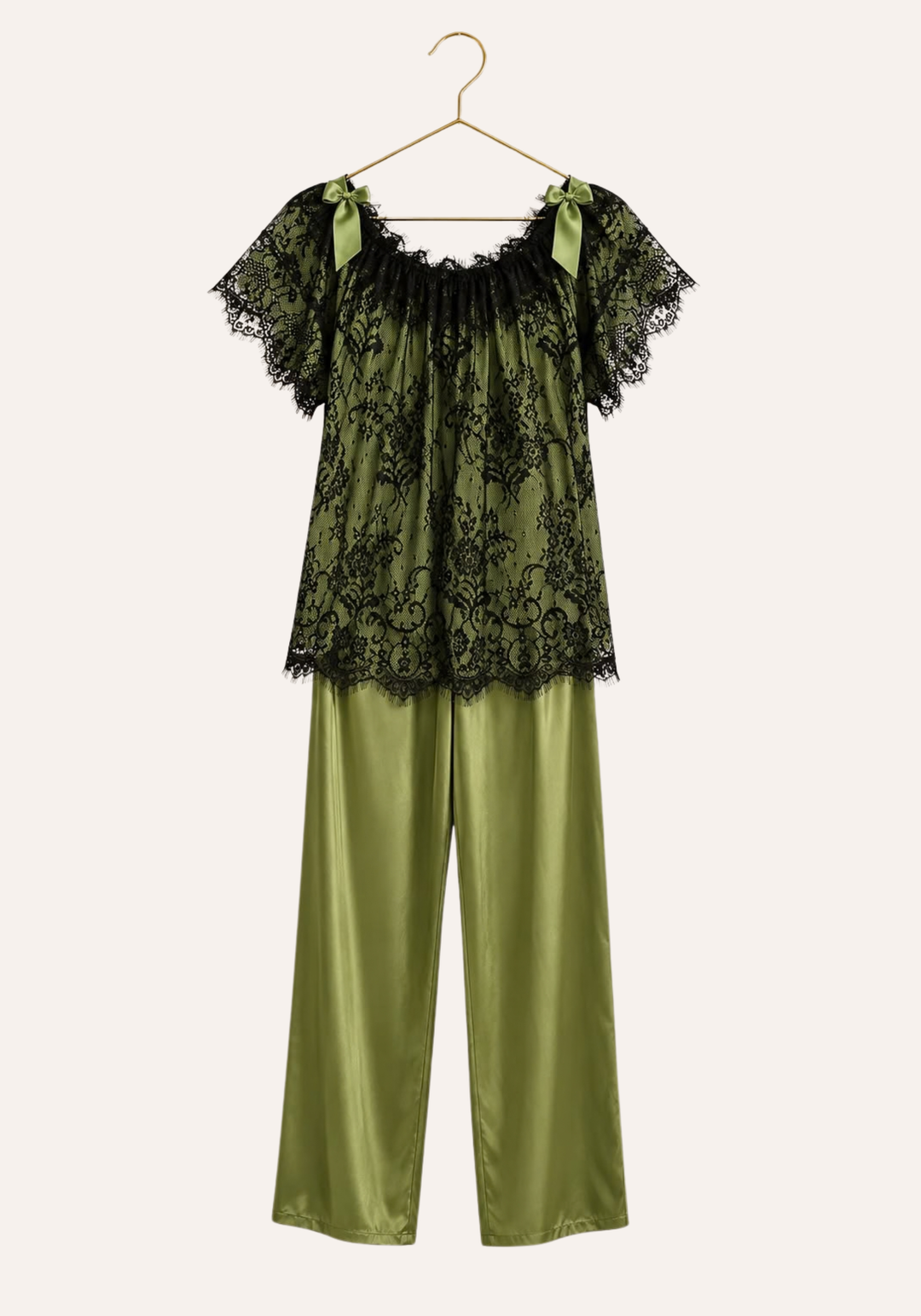 Short Sleeve Satin Top With Full Eyelash-Lace Trim Layer Over It, And Plain Satin Pants