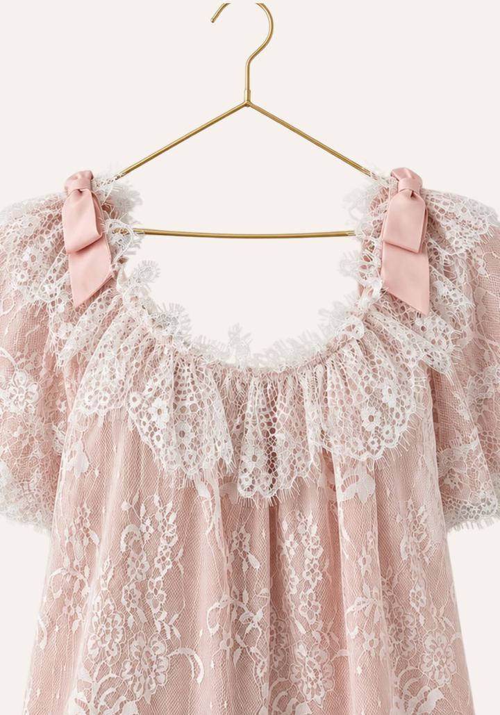Short Sleeve Satin Top With Full Eyelash-Lace Trim Layer Over It, And Plain Satin Pants