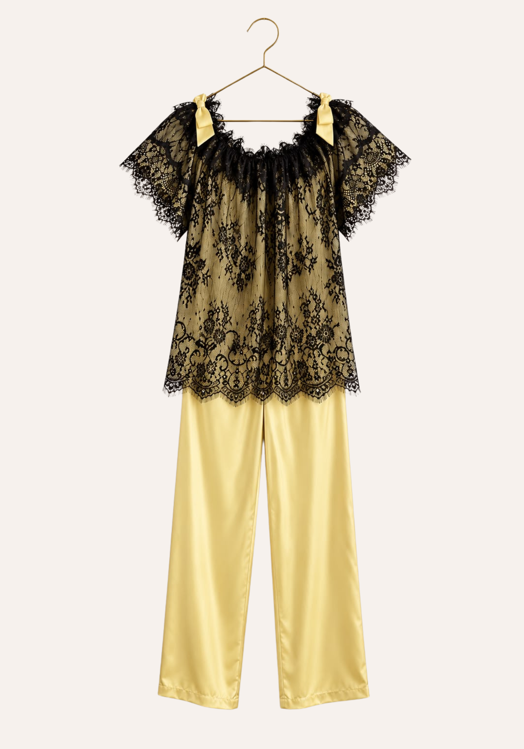 Short Sleeve Satin Top With Full Eyelash-Lace Trim Layer Over It, And Plain Satin Pants