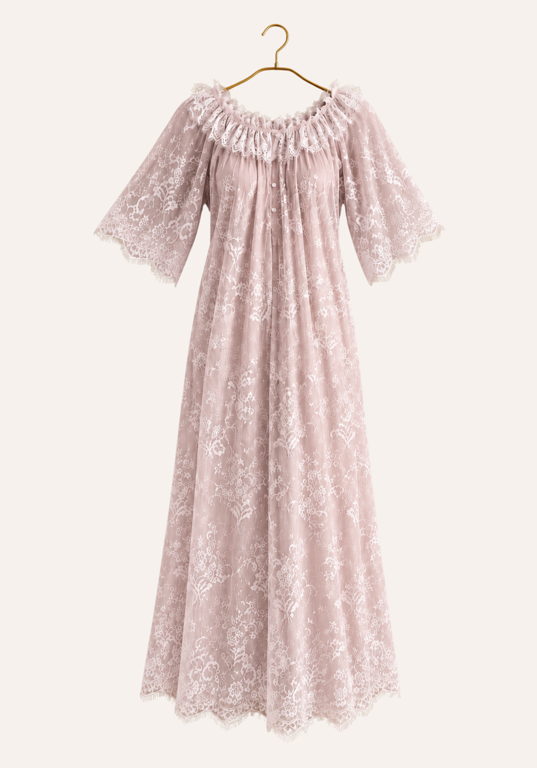 Short Sleeve Long Nighty With Full Length Eyelash Lace Trim Over It