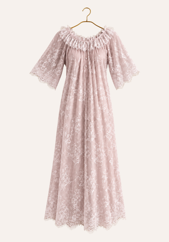 Short Sleeve Long Nighty With Full Length Eyelash Lace Trim Over It