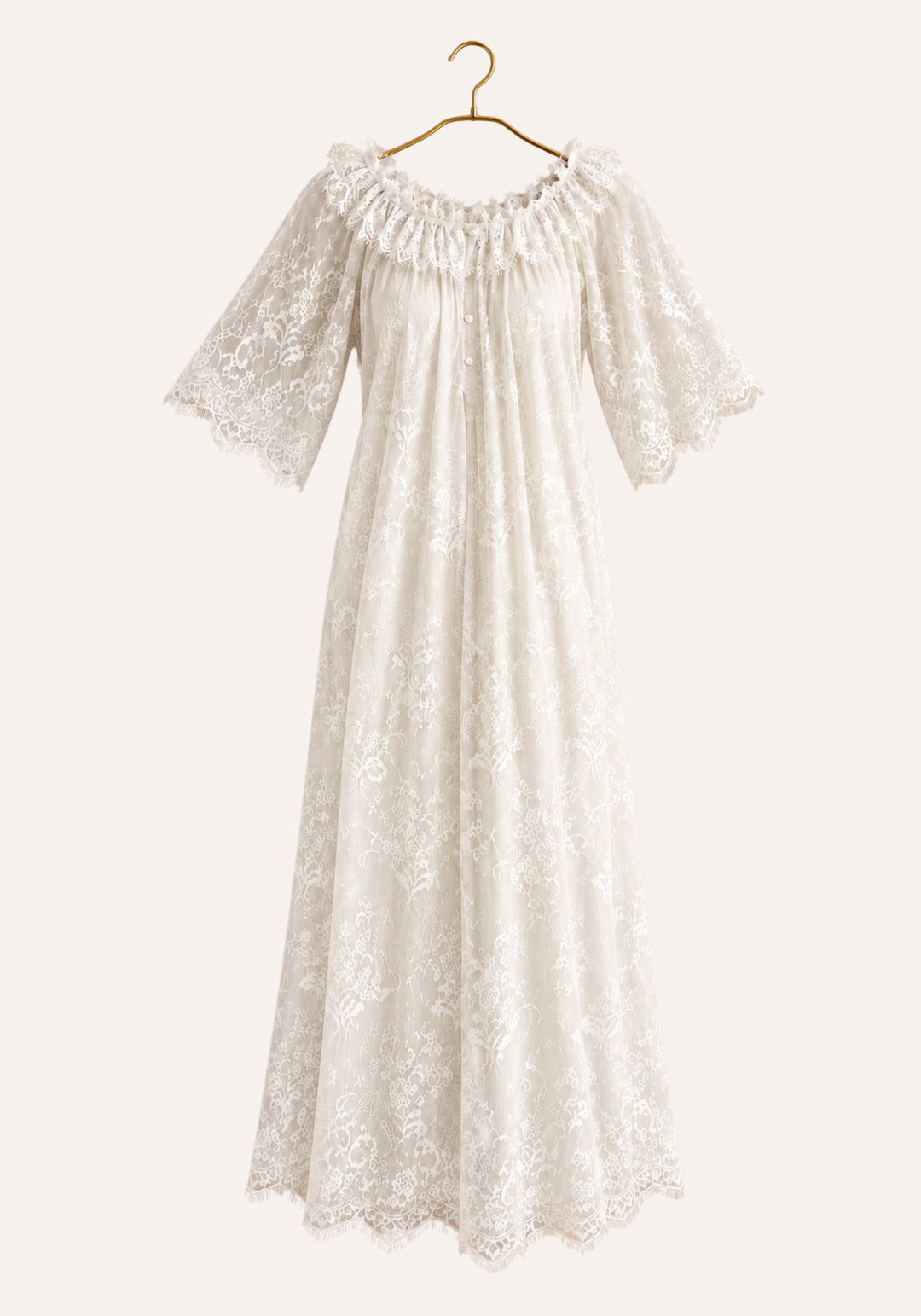 Short Sleeve Long Nighty With Full Length Eyelash Lace Trim Over It
