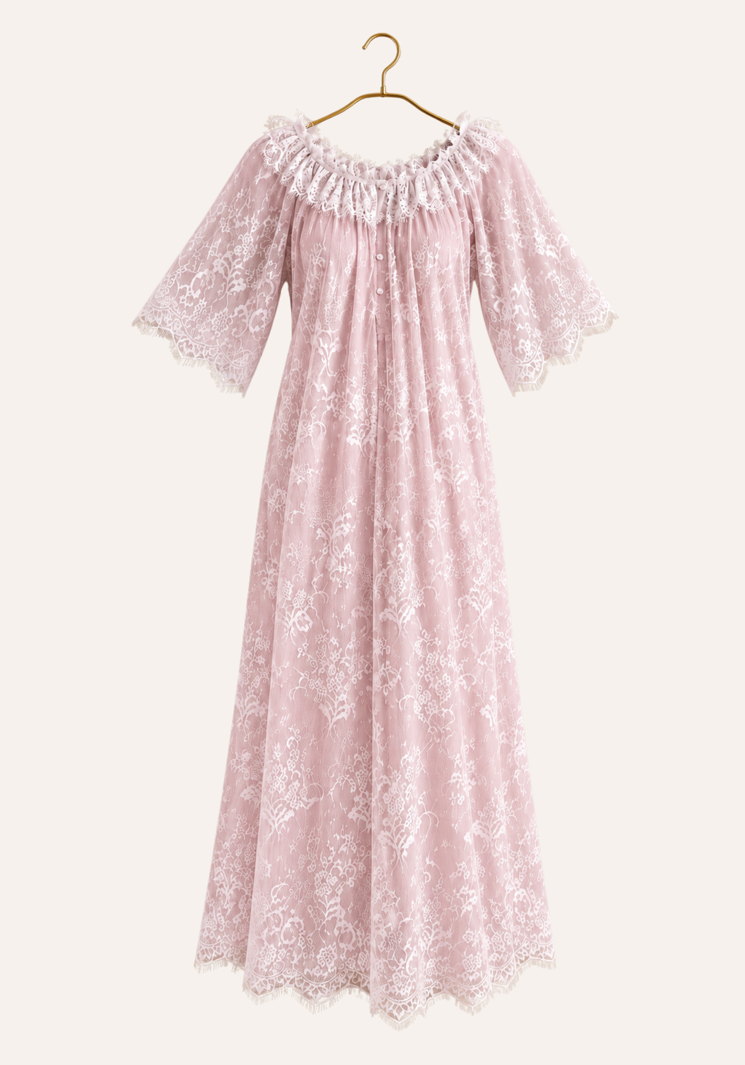 Short Sleeve Long Nighty With Full Length Eyelash Lace Trim Over It