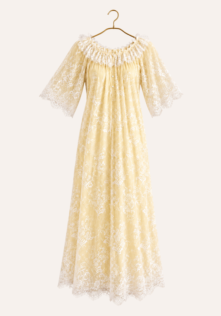 Short Sleeve Long Nighty With Full Length Eyelash Lace Trim Over It