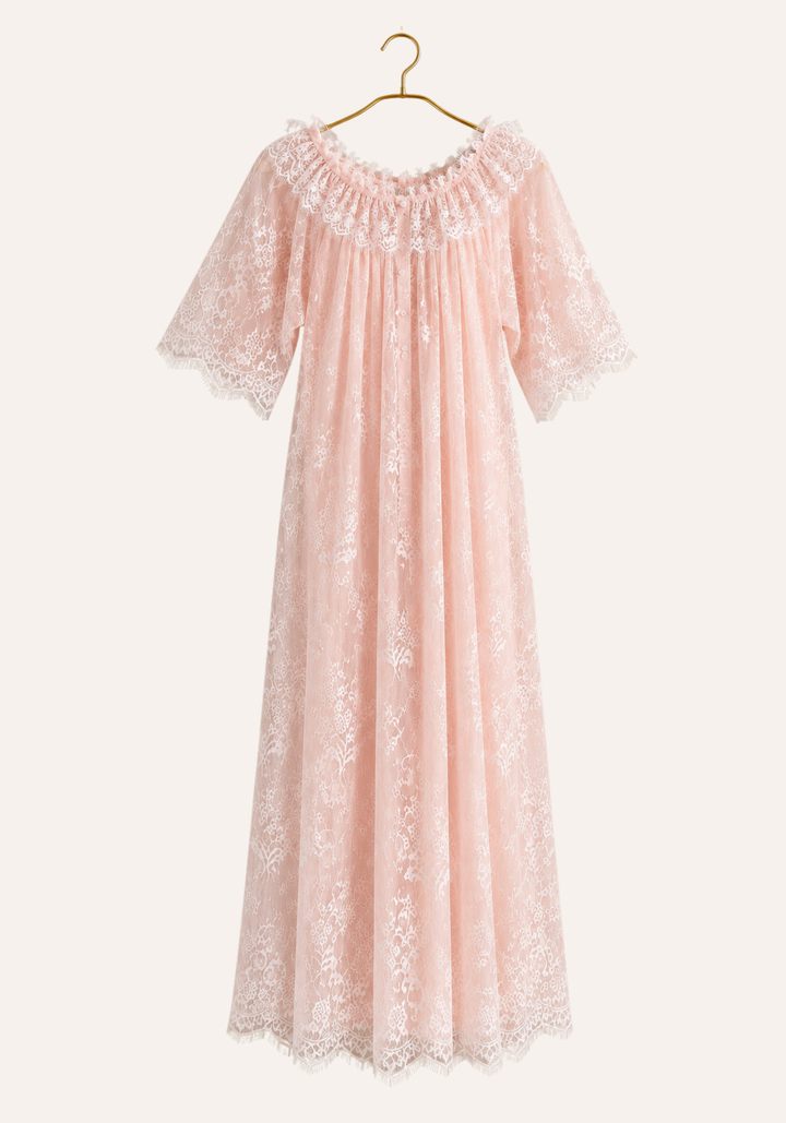 Short Sleeve Long Nighty With Full Length Eyelash Lace Trim Over It