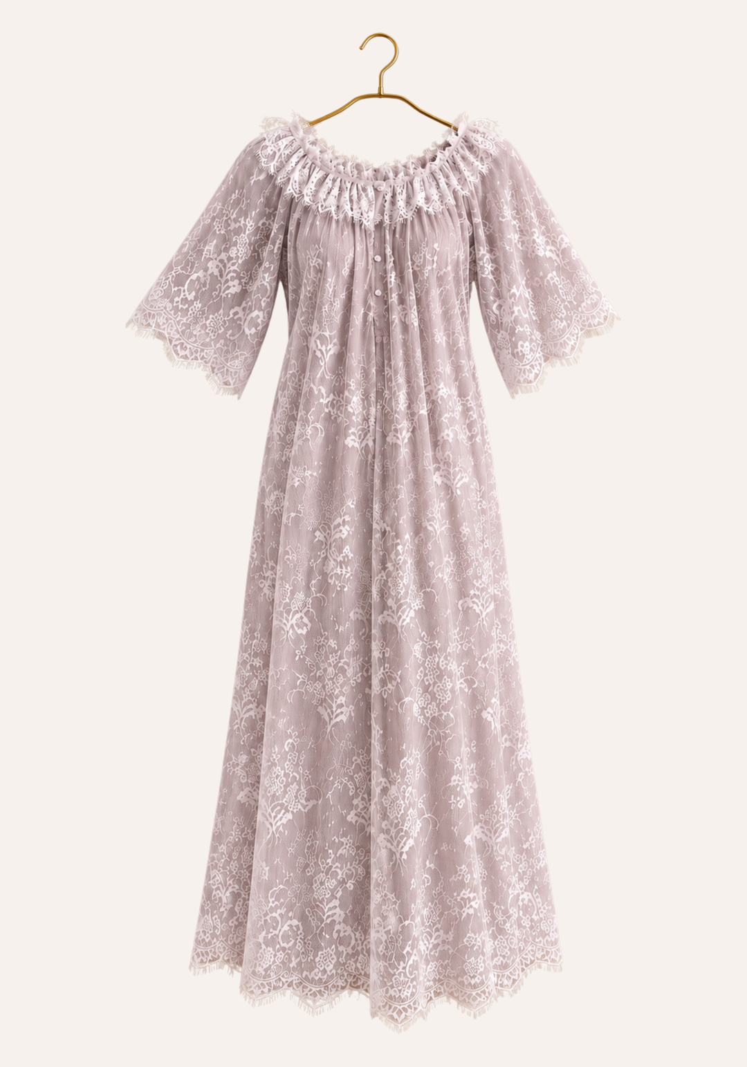 Short Sleeve Long Nighty With Full Length Eyelash Lace Trim Over It