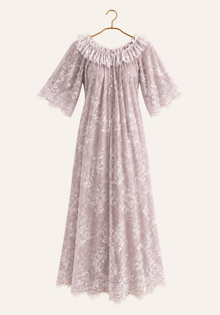Short Sleeve Long Nighty With Full Length Eyelash Lace Trim Over It