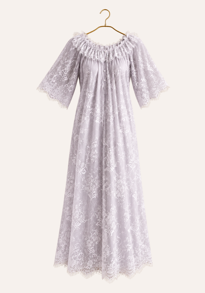 Short Sleeve Long Nighty With Full Length Eyelash Lace Trim Over It