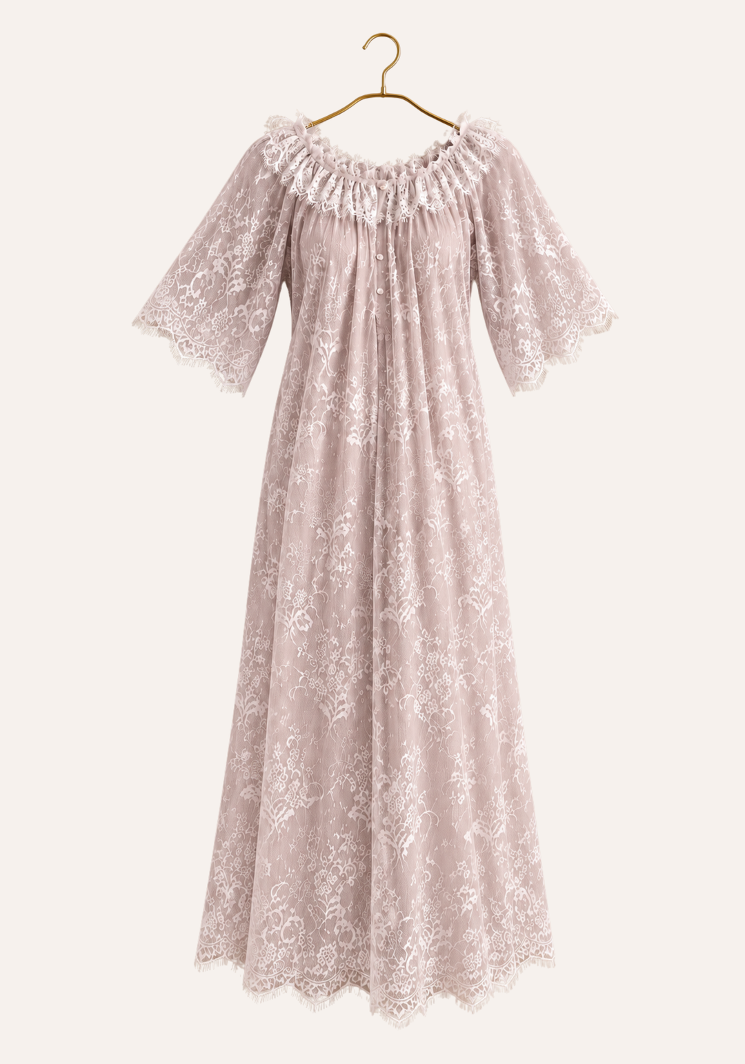Short Sleeve Long Nighty With Full Length Eyelash Lace Trim Over It
