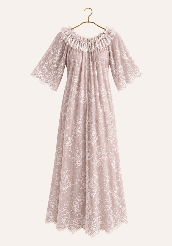Short Sleeve Long Nighty With Full Length Eyelash Lace Trim Over It