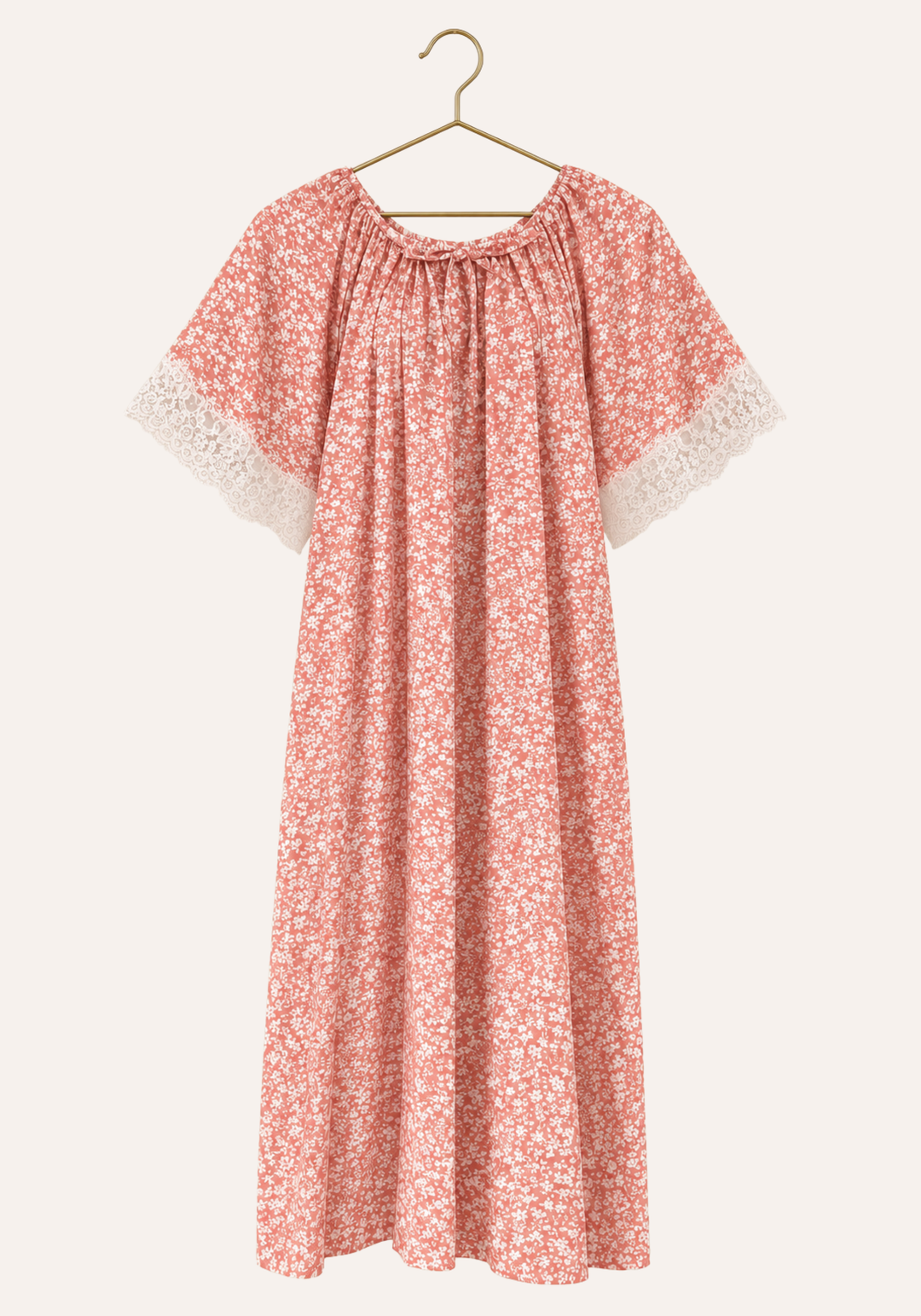 Short Sleeve Floral Print Nightgown With Eyelash-Lace Trim On The Sleeves