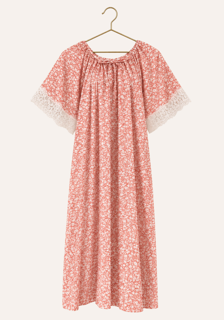 Short Sleeve Floral Print Nightgown With Eyelash-Lace Trim On The Sleeves