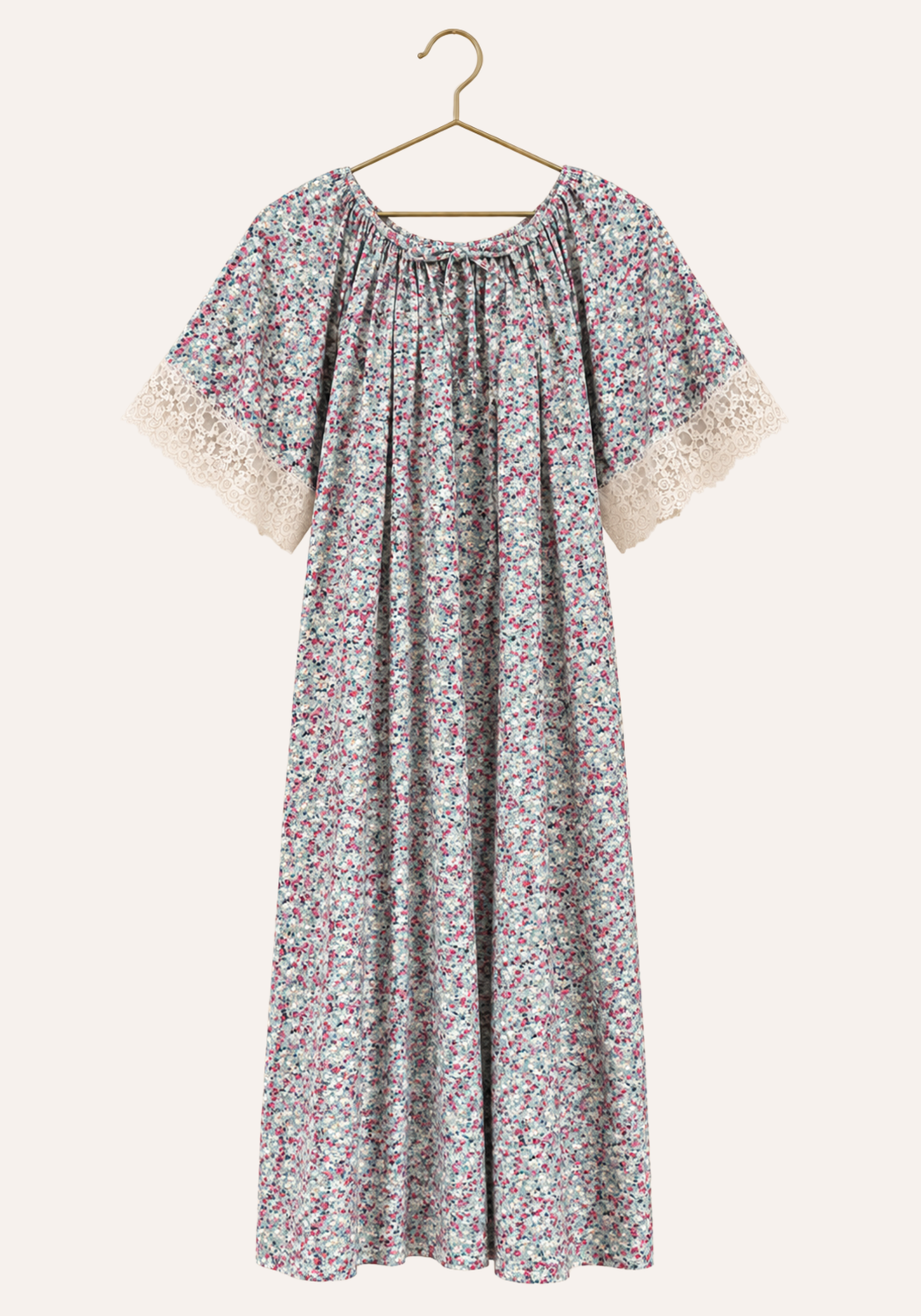 Short Sleeve Floral Print Nightgown With Eyelash-Lace Trim On The Sleeves