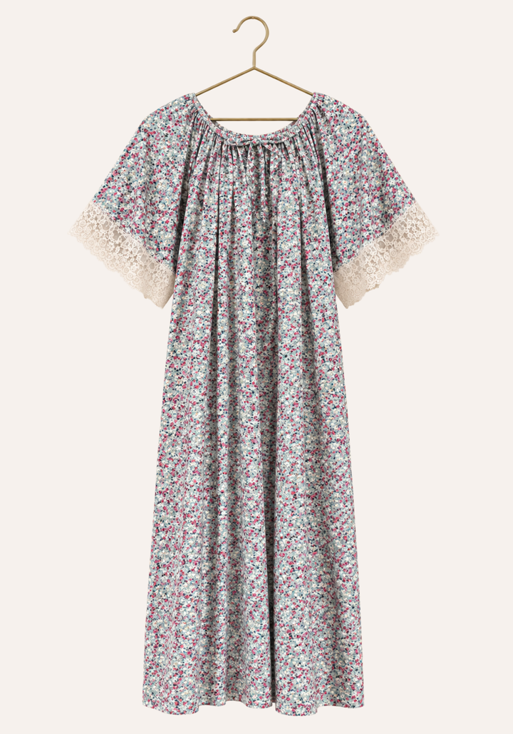 Short Sleeve Floral Print Nightgown With Eyelash-Lace Trim On The Sleeves