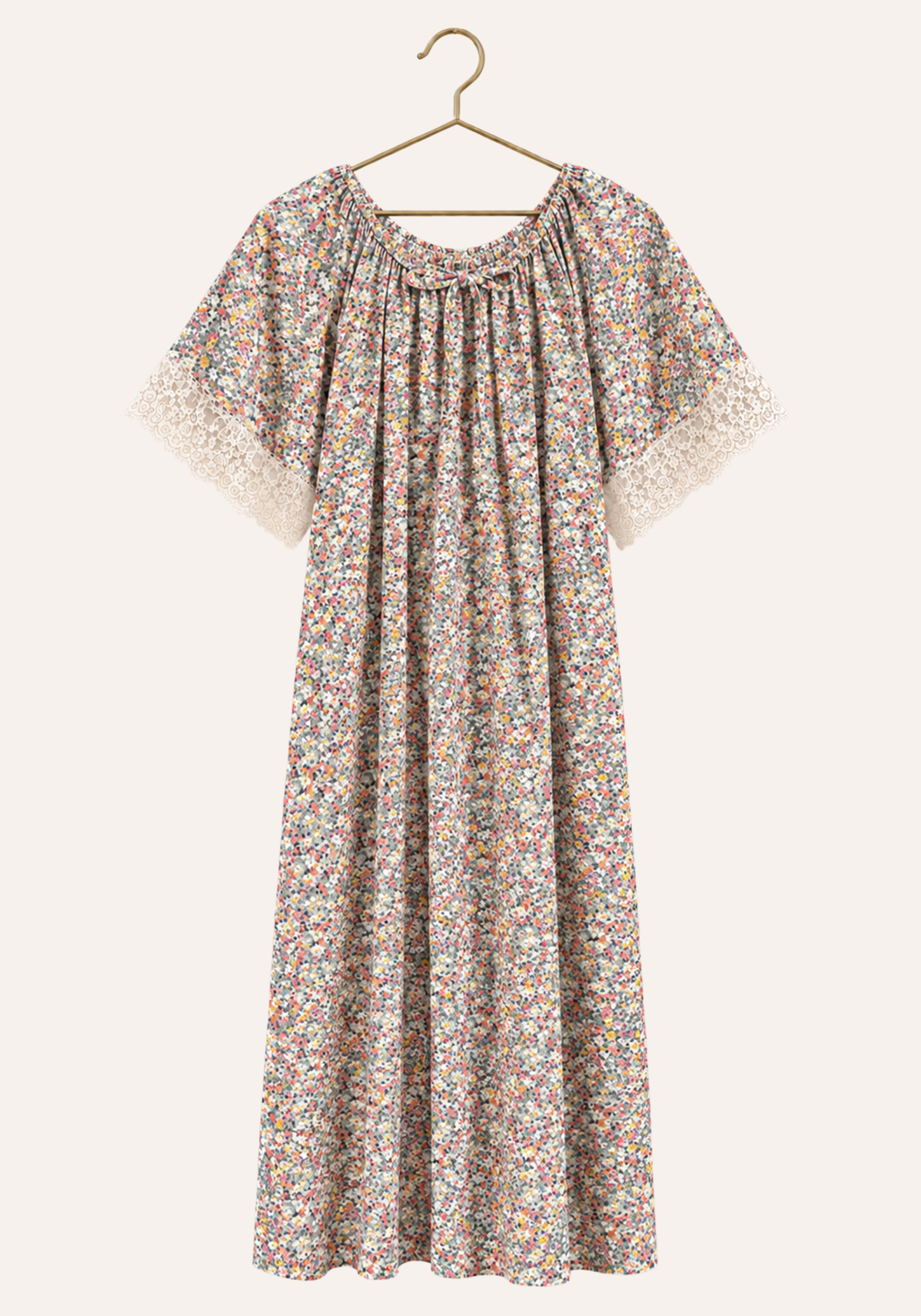 Short Sleeve Floral Print Nightgown With Eyelash-Lace Trim On The Sleeves