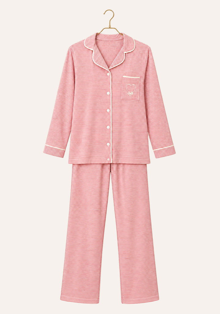 Striped Collar Button Long Sleeve Top With Pocket And Pants