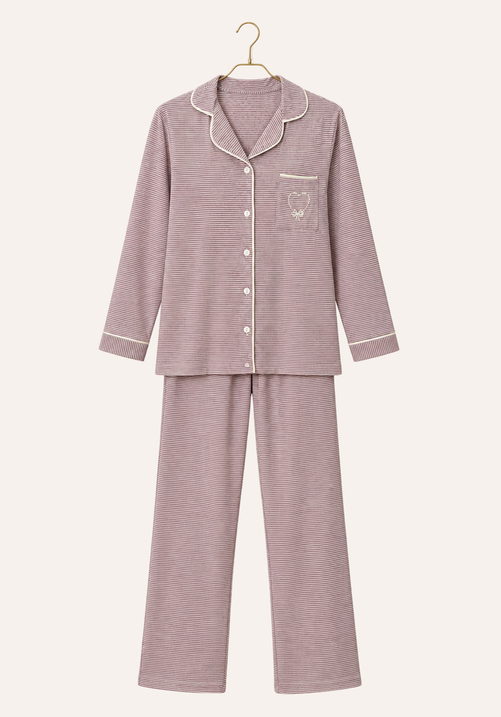 Striped Collar Button Long Sleeve Top With Pocket And Pants