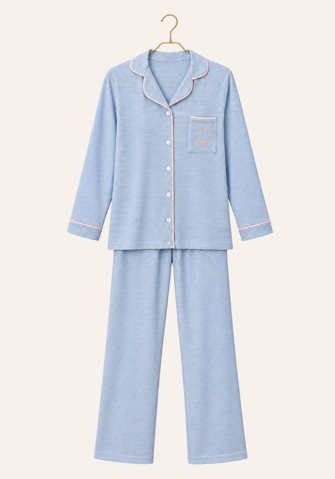 Striped Collar Button Long Sleeve Top With Pocket And Pants