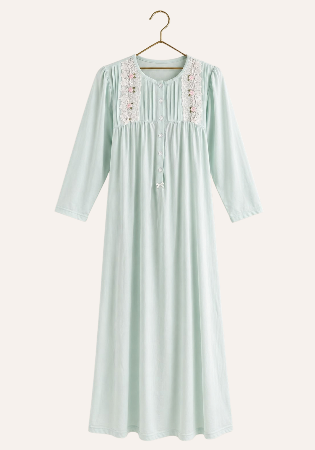 Long Sleeve Single-Jersey Plain Button Front Trim Long Nightgown