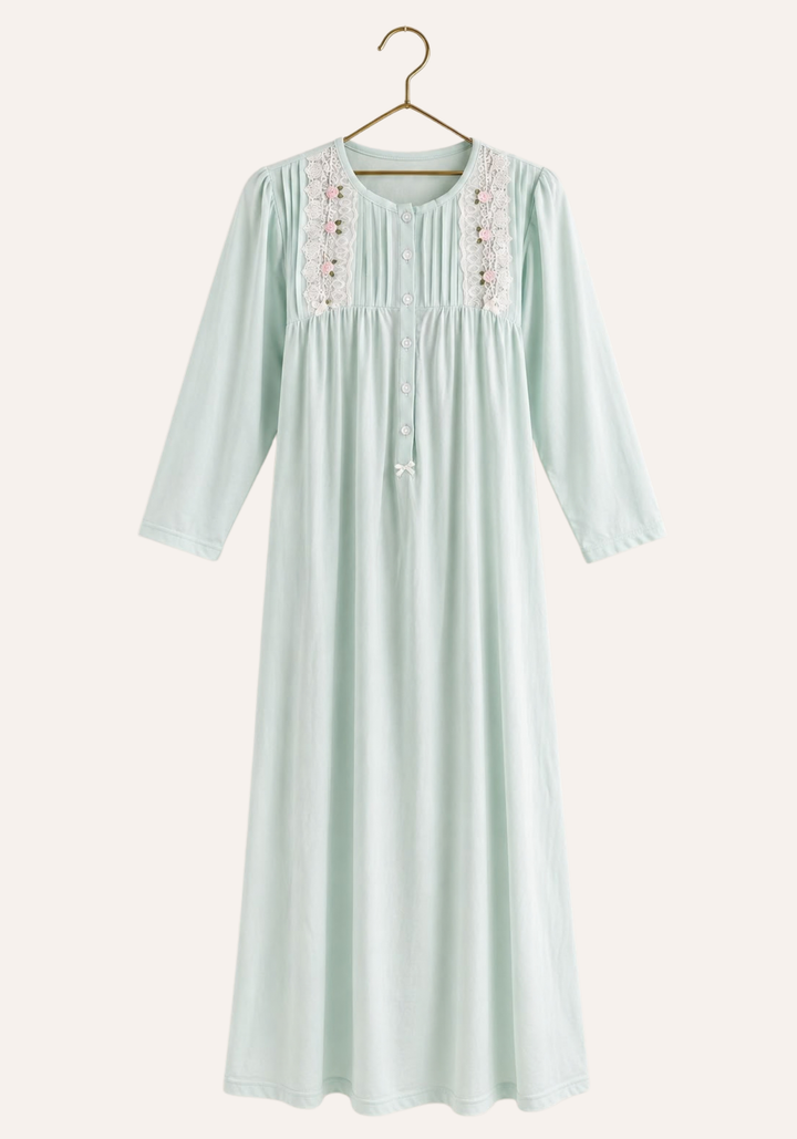 Long Sleeve Single-Jersey Plain Button Front Trim Long Nightgown