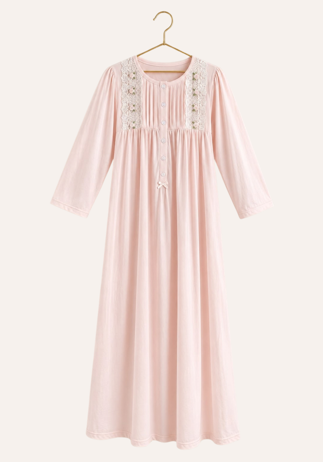 Long Sleeve Single-Jersey Plain Button Front Trim Long Nightgown