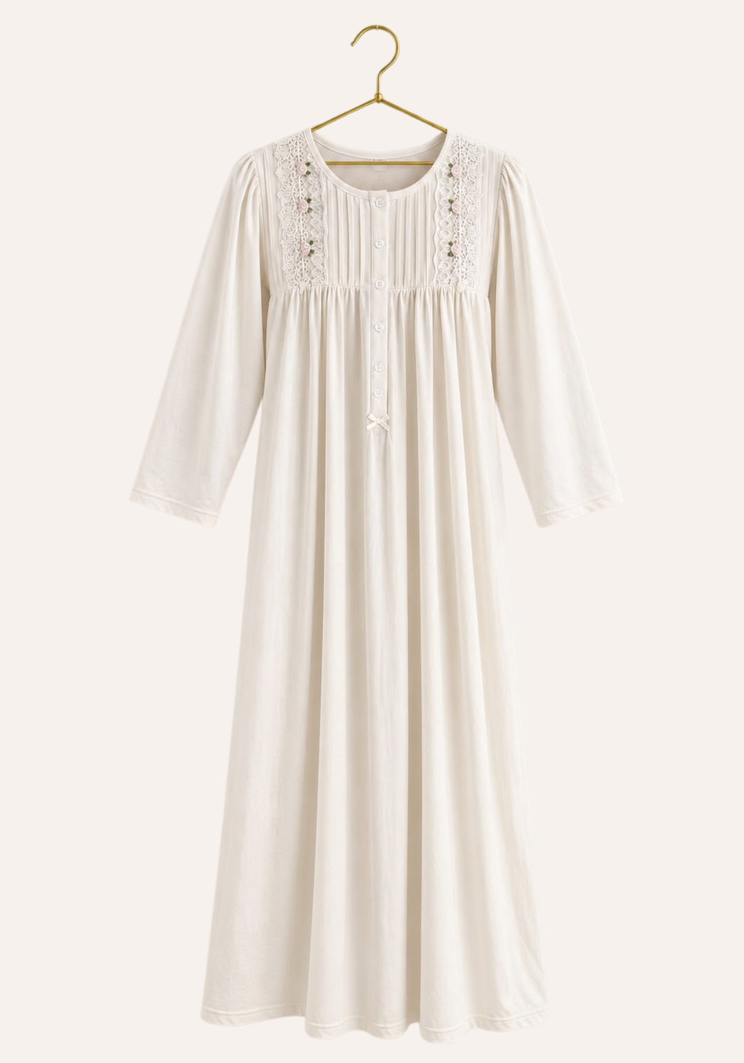 Long Sleeve Single-Jersey Plain Button Front Trim Long Nightgown
