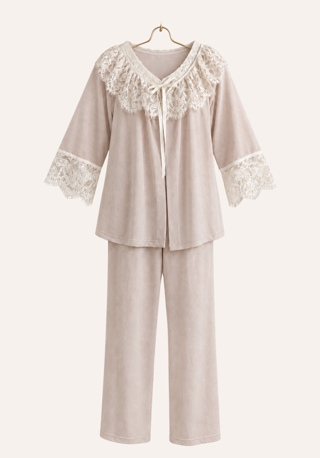 Long Sleeve Plain Lace Button Front Top And Pants And Robe With Lace Trim